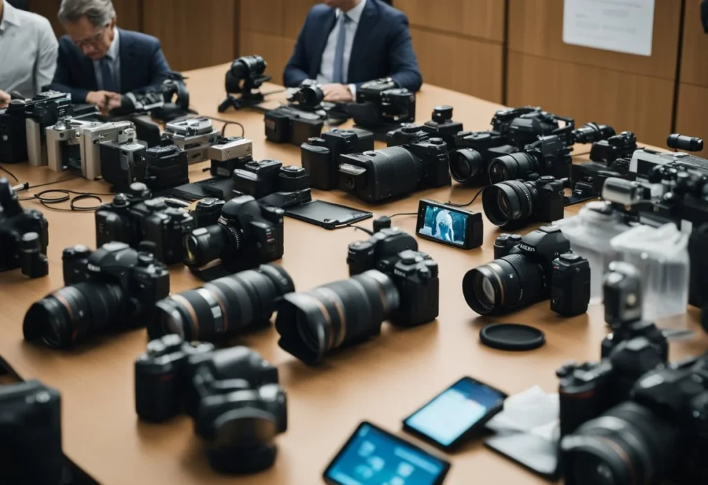 A crowded press conference with reporters and cameras, a table with evidence bags, and a controversial autopsy photo displayed on a screen