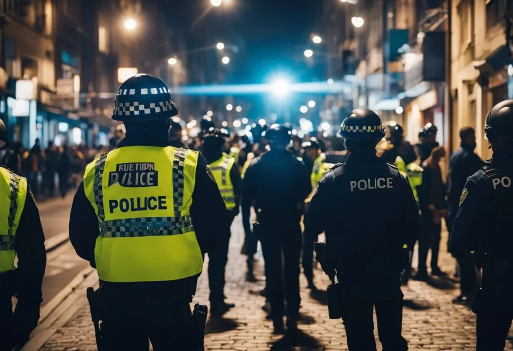 A crowded street at night, with flashing police lights and a group of onlookers gathered around a crime scene