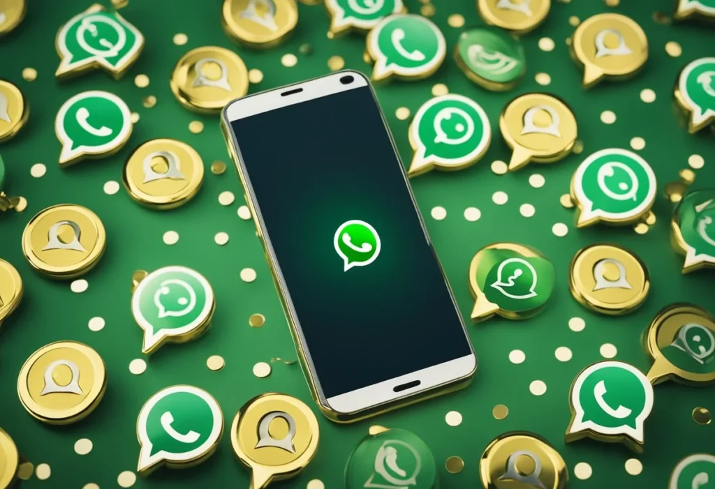 A smartphone with the WhatsApp logo displayed on the screen, surrounded by various question marks and speech bubbles