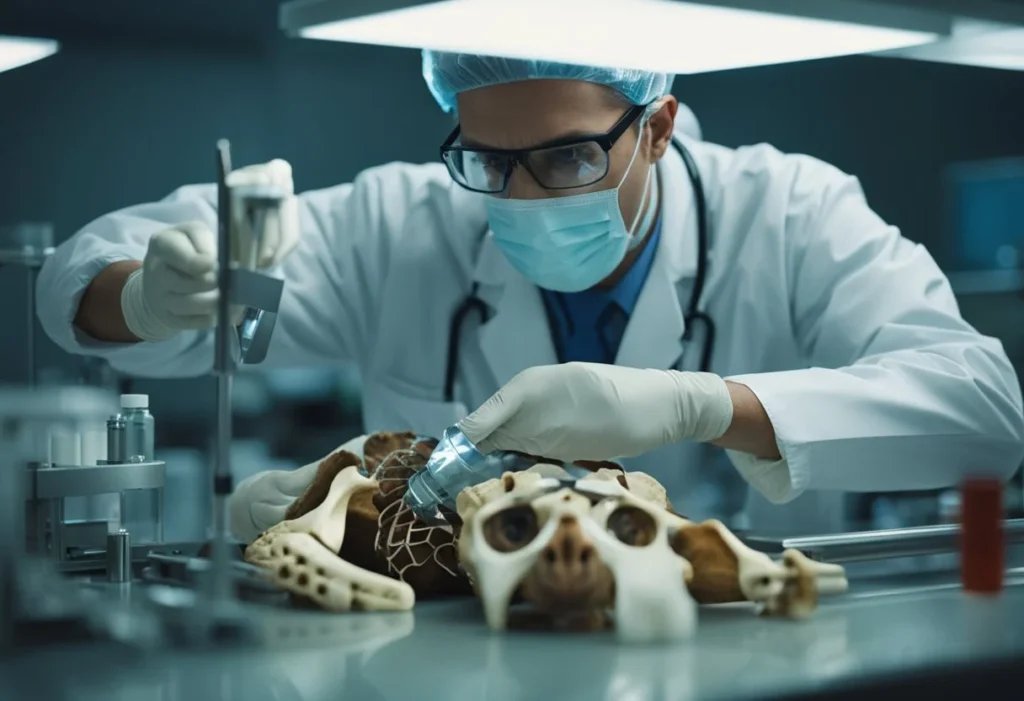 A forensic pathologist examines a body on an autopsy table, surrounded by medical equipment and tools