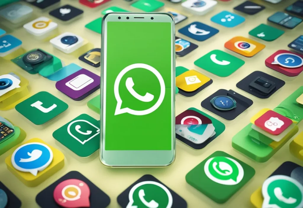 A smartphone displaying the WhatsApp logo surrounded by icons and notifications, with a sleek and modern design