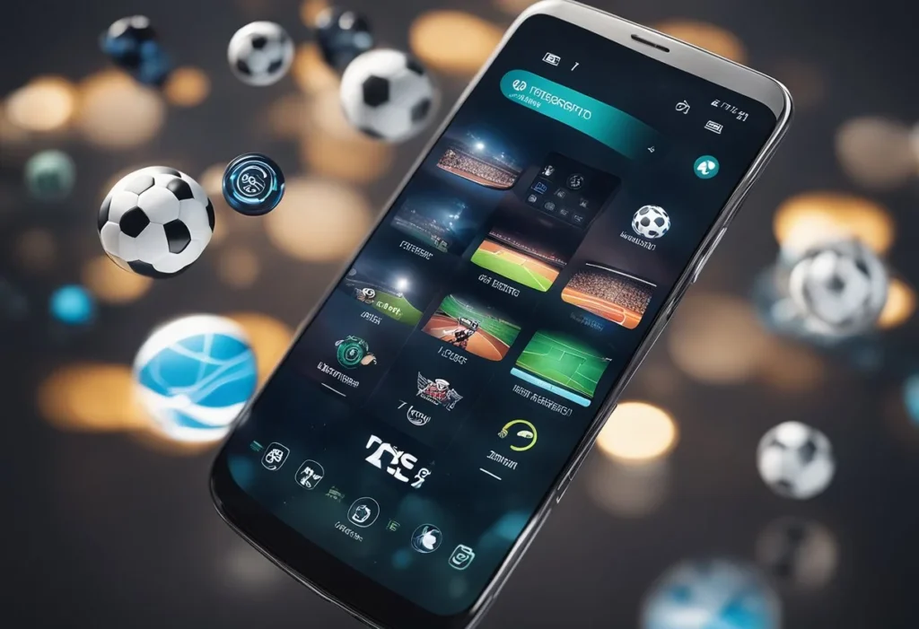 A smartphone displaying the eTrueSports app with various sports icons and features, surrounded by a sleek and modern interface design